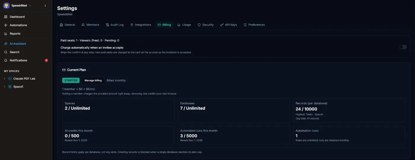 The Billing page in Settings