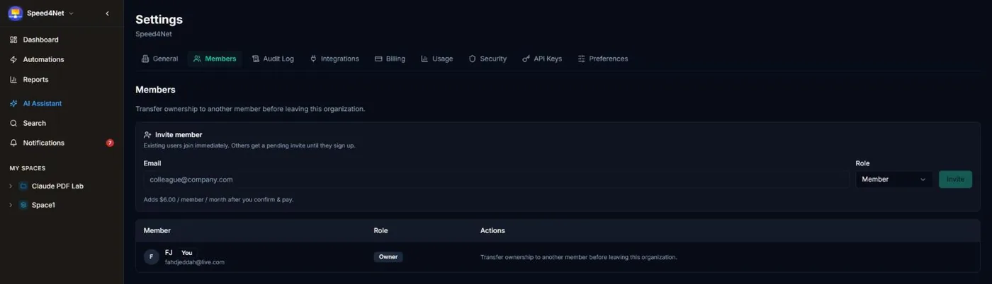 The Members page in Settings